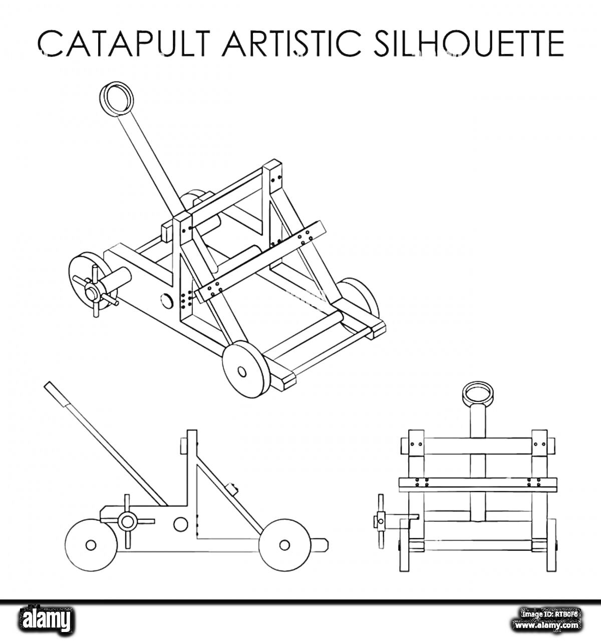 На раскраске изображено: Катапульта, Техника, Конструктор, Механика, Рычаг, Колёса, Крепления