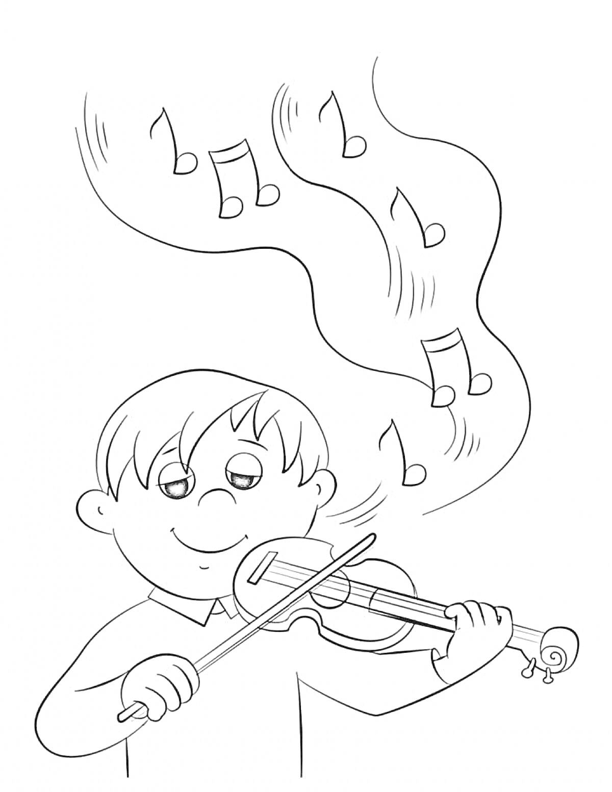 Раскраска Мальчик играет на скрипке, нотки в воздухе