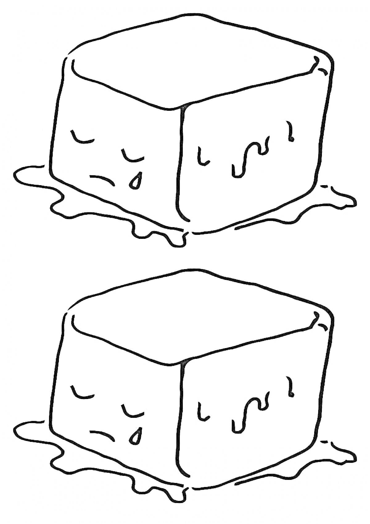 Раскраска Два тающих ледяных кубика с грустными лицами
