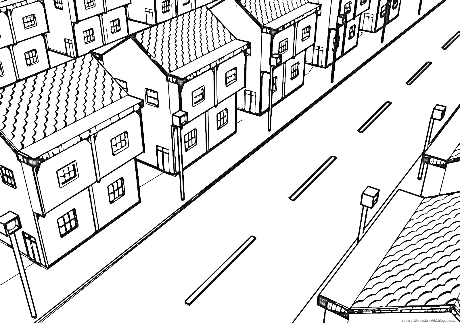 На раскраске изображено: Городская улица, Здания, Жилые дома, Окна, Уличные фонари, Архитектура