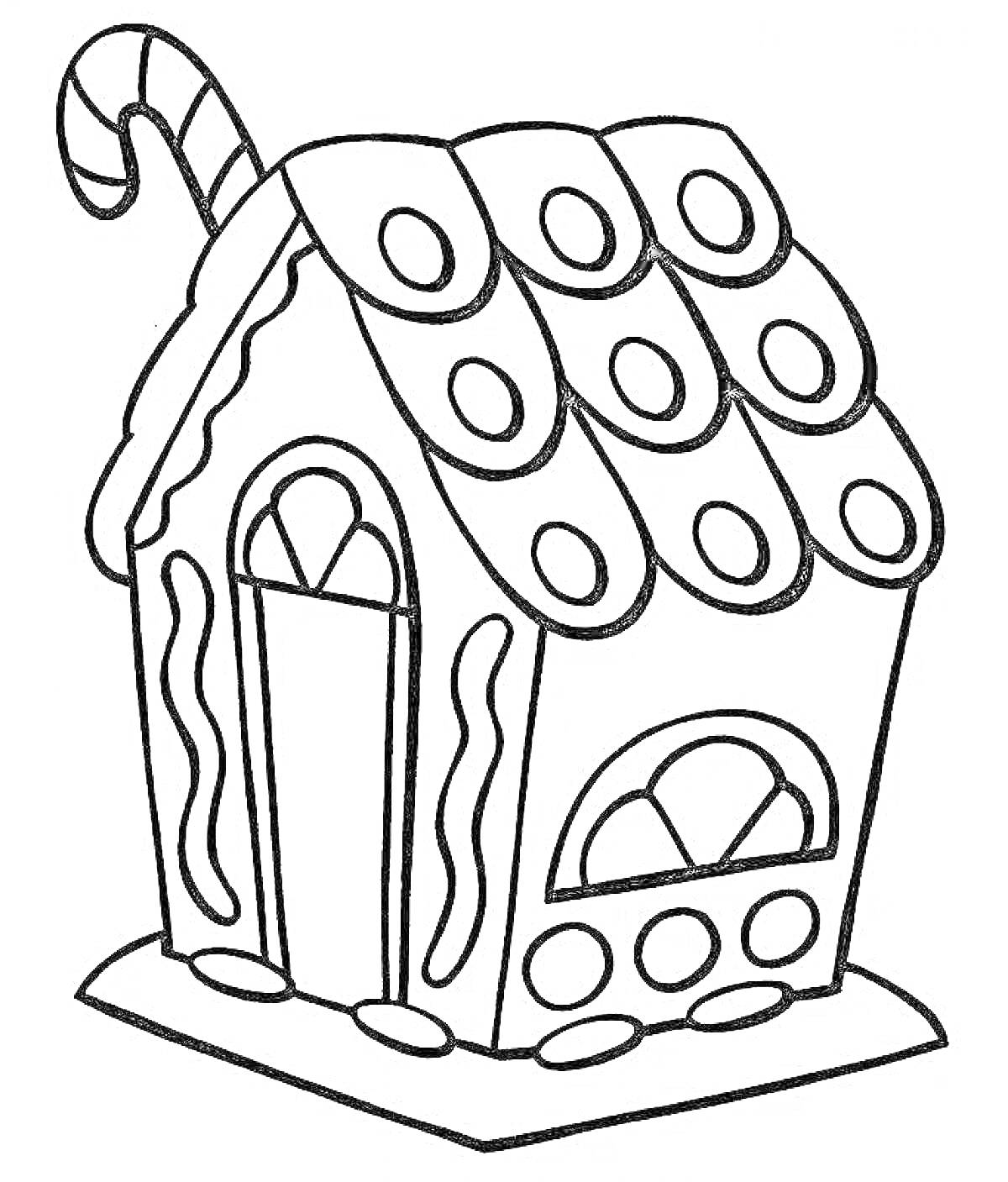 На раскраске изображено: Пряничный домик, Для детей, Конфеты, Крыша, Дверь, Сладости, Новый год, Рождество