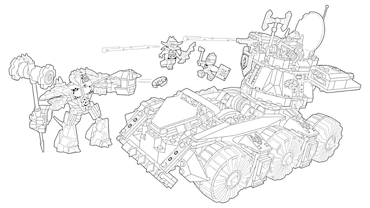 На раскраске изображено: Лего, Робот, Молот, Бронированная машина, Детали, Сражение, Конструктор, Техника