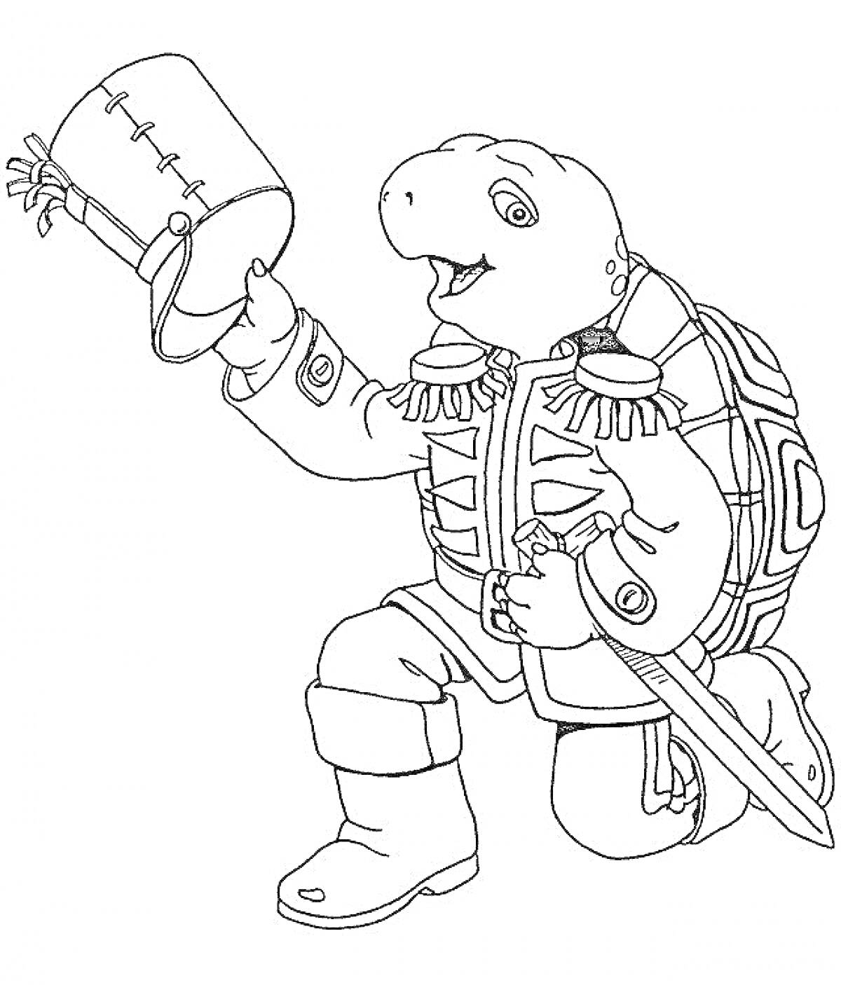 Раскраска Черепашка в мундире с мечом и барабаном
