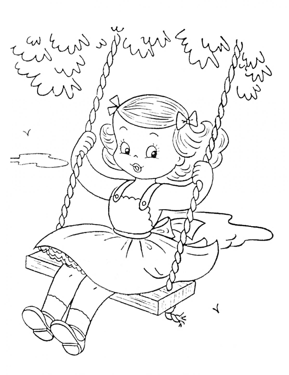 Раскраска Девочка на качелях под деревом
