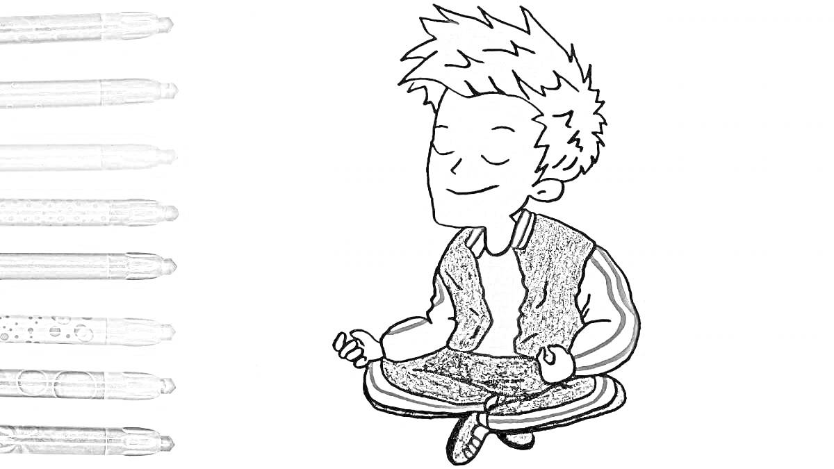 На раскраске изображено: Мальчик, Медитация, Спортивная одежда, Фломастеры, Расслабление, Спокойствие