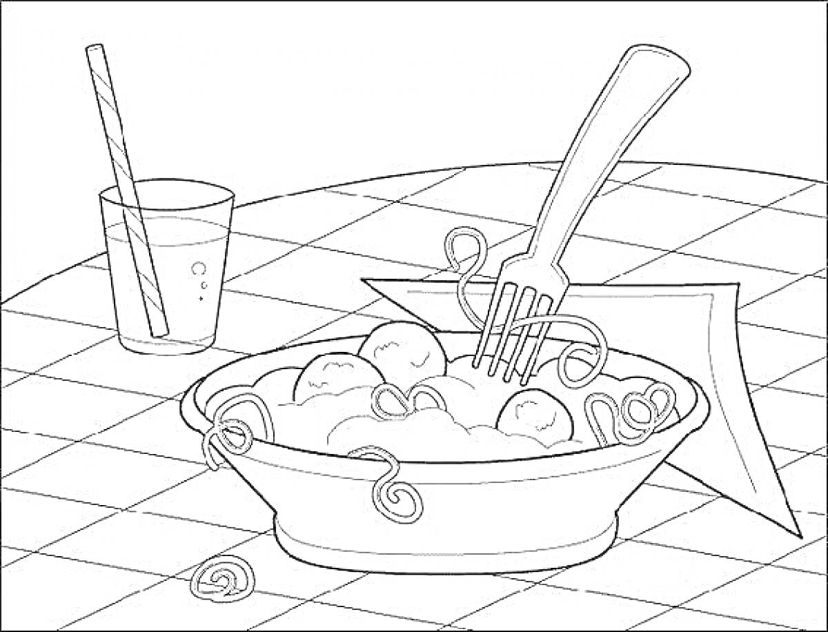 На раскраске изображено: Спагетти, Фрикадельки, Тарелка, Вилка, Нож, Стакан, Напиток, Соломинка, Стол