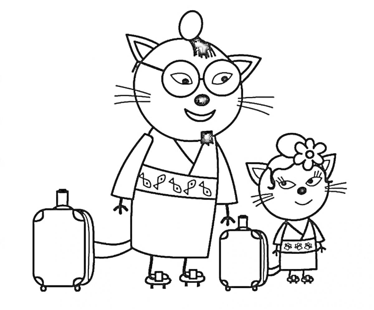 Раскраска Два кота в традиционной одежде и два чемодана