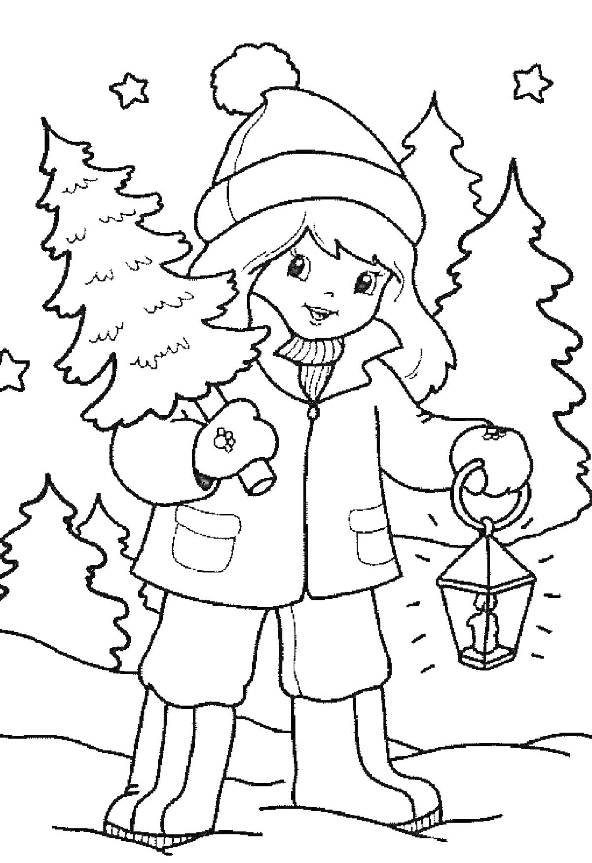 На раскраске изображено: Девочка, Зимняя одежда, Зимний лес, Снег, Звезды, Зима