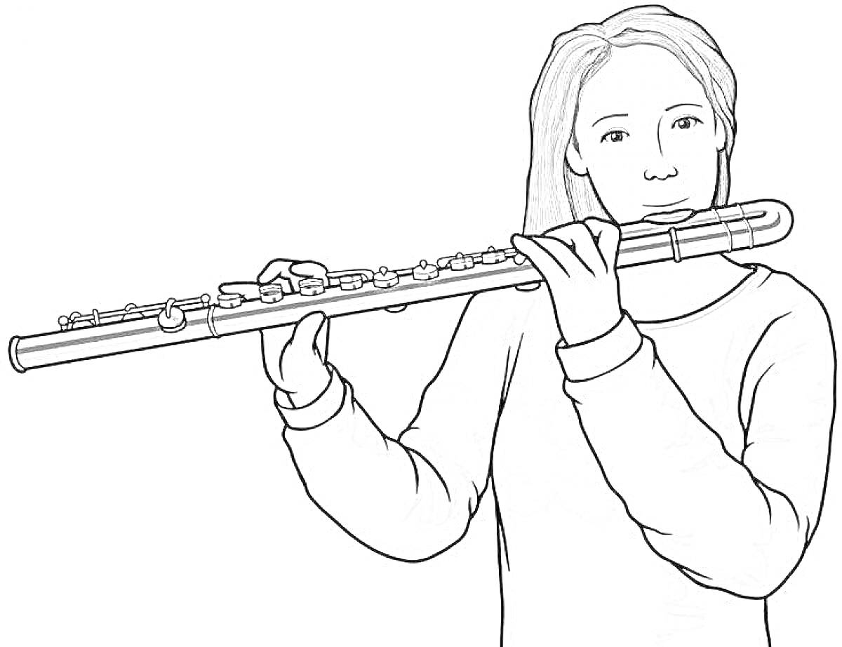 На раскраске изображено: Девочка, Флейта, Музыка, Музыкальные инструменты