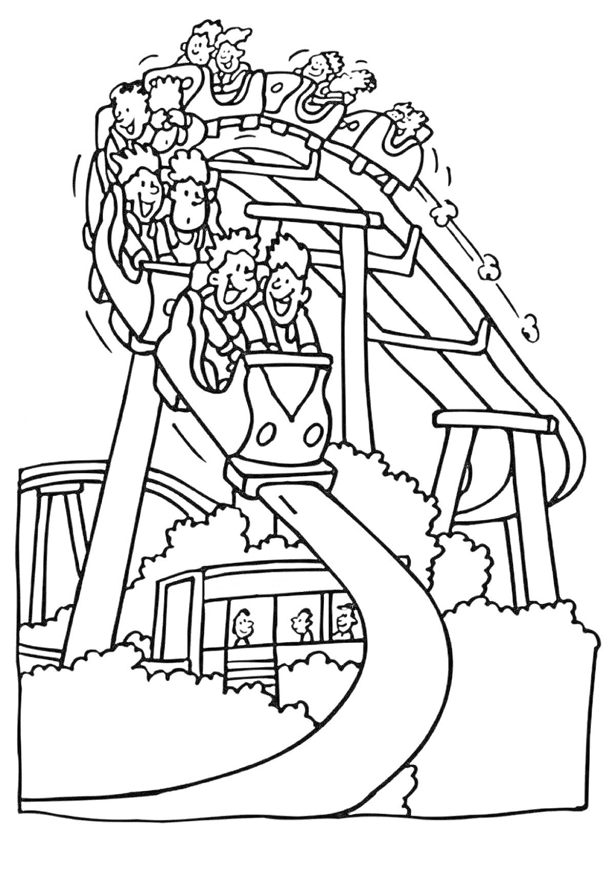 Раскраска Американские горки с детьми на вагончиках и посетителями в парке развлечений