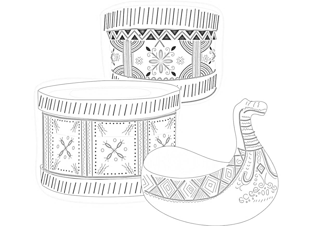 Раскраска Две шкатулки и ковш, украшенные узорами