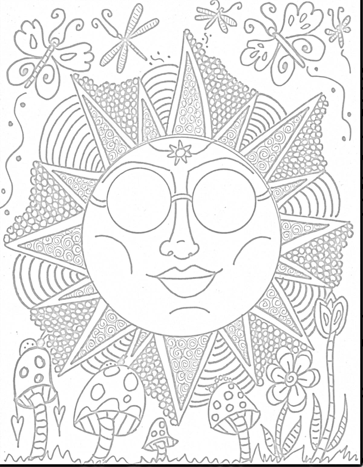 Раскраска Солнечное лицо с очками в окружении бабочек, стрекоз, цветов и грибов
