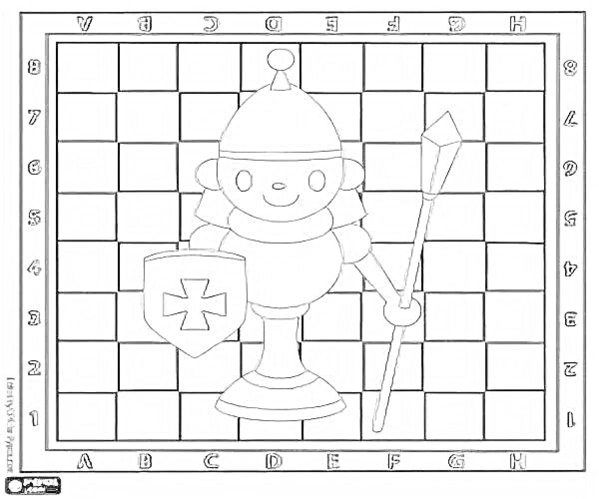 Раскраска шахматная доска с фигурами, центральная фигура с копьем и щитом
