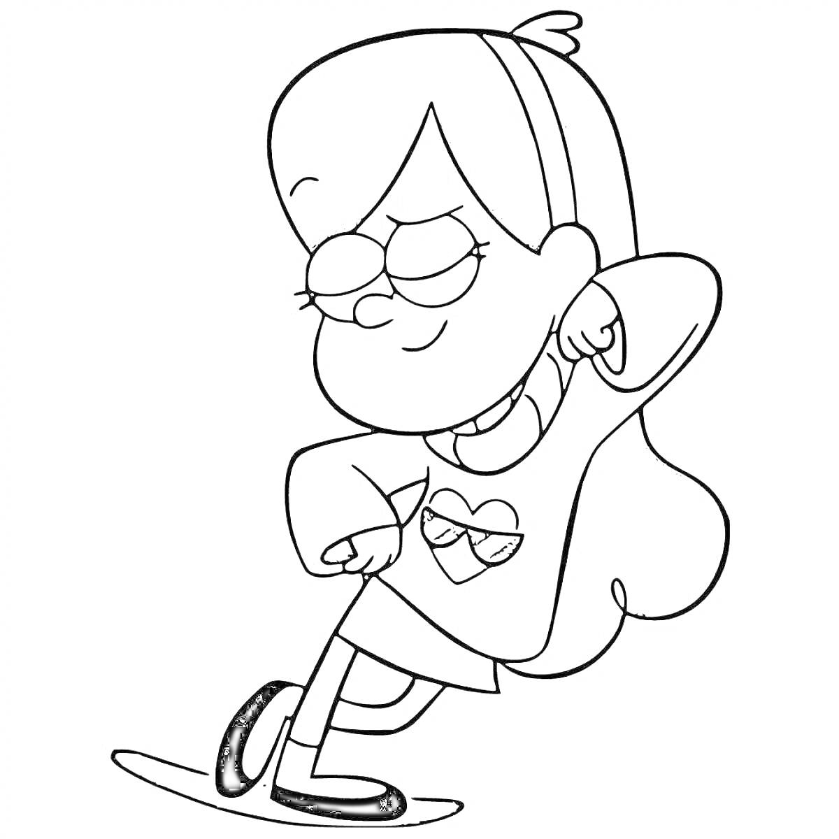 Раскраска Девочка Мейбл с длинными волосами, прыгает в платье с сердцем, повязка на голове