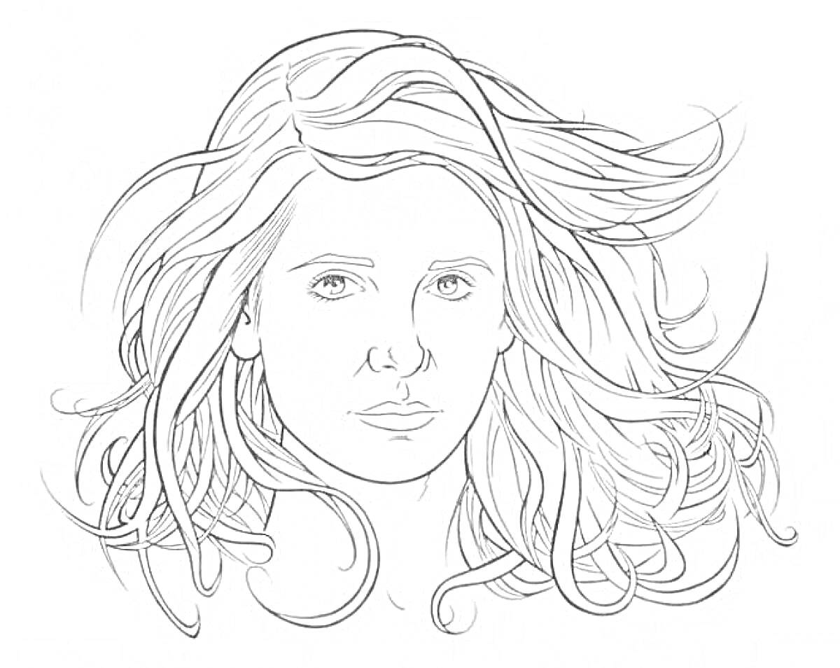 На раскраске изображено: Женский портрет, Длинные волосы, Развевающиеся волосы, Дневники вампира, Контурные рисунки