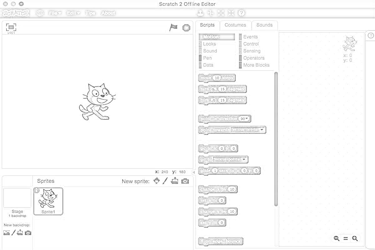 Раскраска Интерфейс программы Scratch с персонажем-котом, блоками скриптов и вкладками 