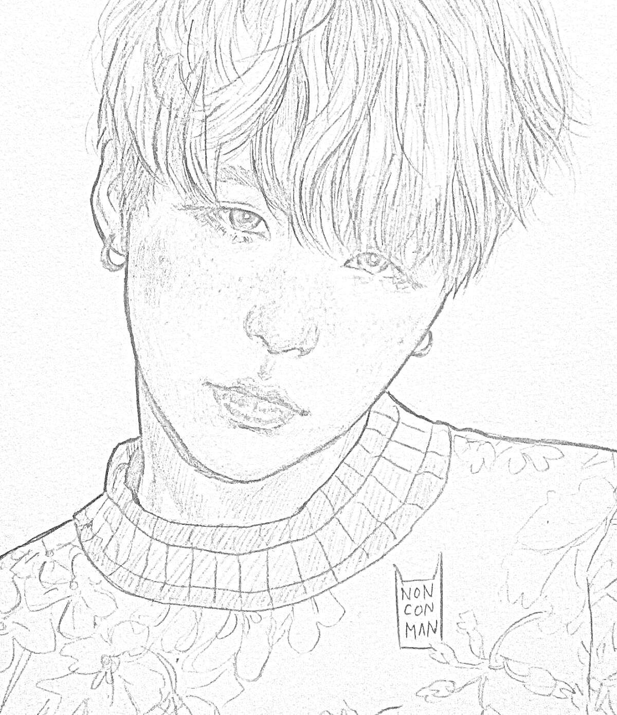 Раскраска Портрет Юнги из BTS с веснушками, принтованной одеждой и короткой стрижкой