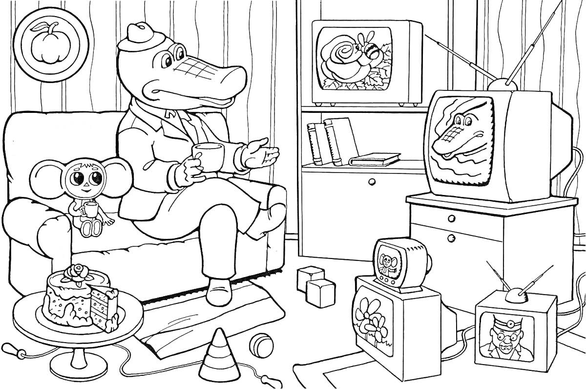 Раскраска Крокодил Гена и Чебурашка в гостиной, с телевизорами, тортом, книгами, игрушками и украшениями