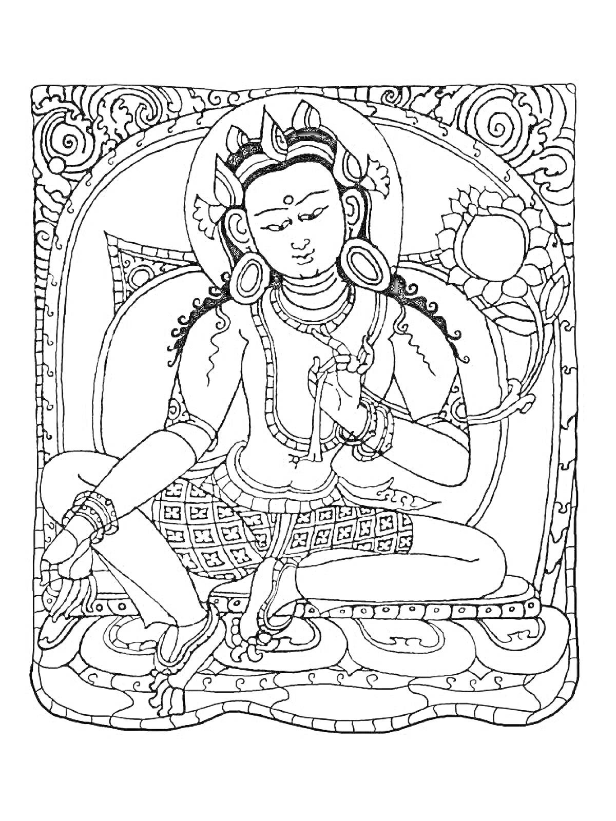 Раскраска Будда в медитативной позе с цветком лотоса в окружении орнаментов