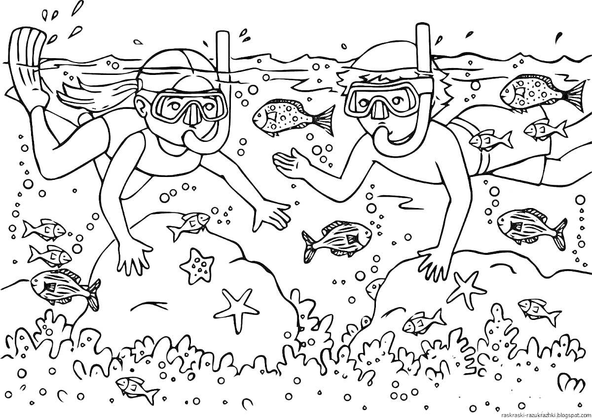 Раскраска Дети под водой с рыбами, морскими звёздами и кораллами