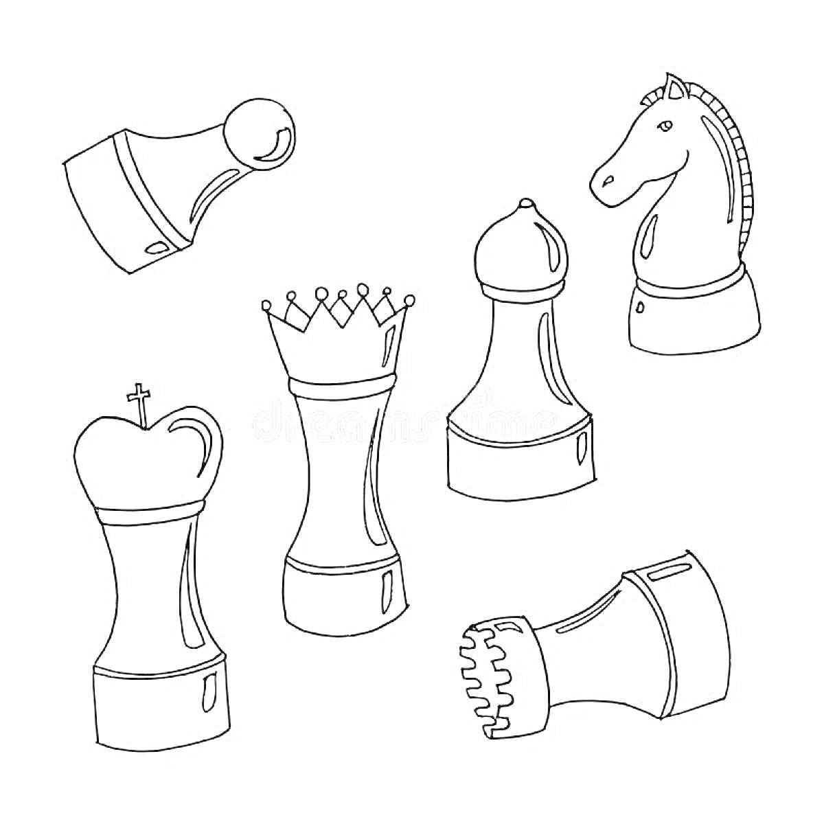 На раскраске изображено: Шахматы, Фигуры, Конь, Пешка, Ферзь, Слон, Король, Ладья, Игра