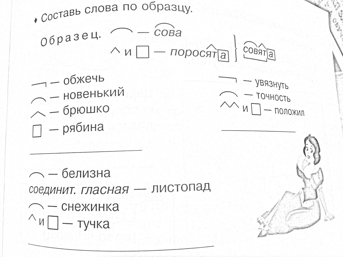 На раскраске изображено: Морфемы, Словообразование, Лингвистика, Разбор слов, Окончание, Школа