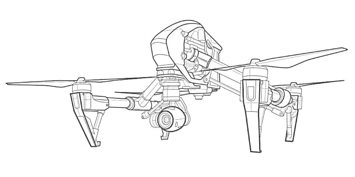 На раскраске изображено: Дрон, Камера, Пропеллеры, Ноги, Линии