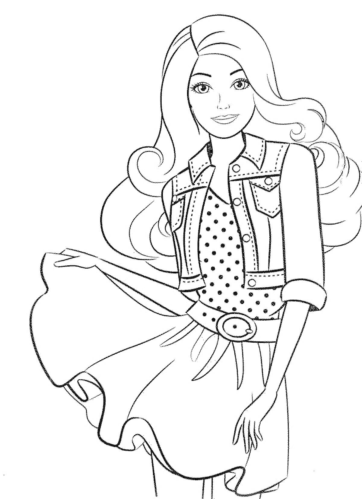 Раскраска Девочка с длинными волосами в джинсовой жилетке и платье с горохами