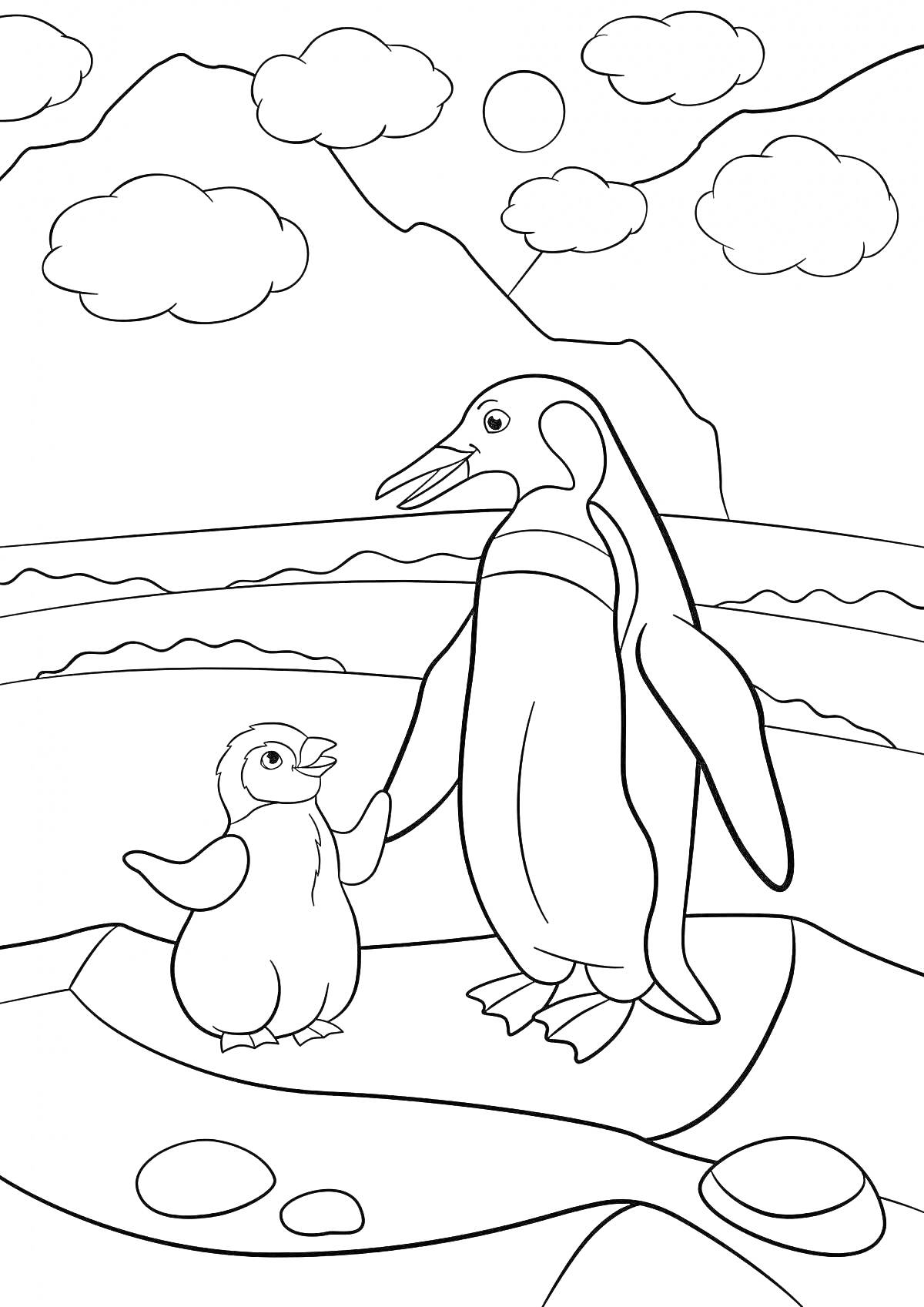 На раскраске изображено: Пингвины, Льдина, Горы, Облака, Небо, Вода, Взрослый пингвин, Природа
