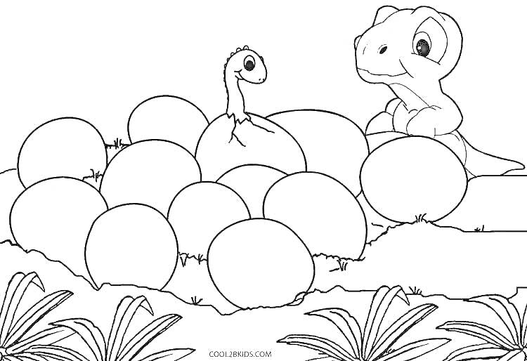 На раскраске изображено: Динозавр, Яйца, Вылупление, Наблюдение, Листва, Растения