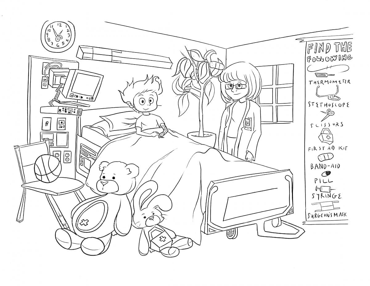 На раскраске изображено: Больница, Мальчик, Медсестра, Табличка, Игрушки, Кролик