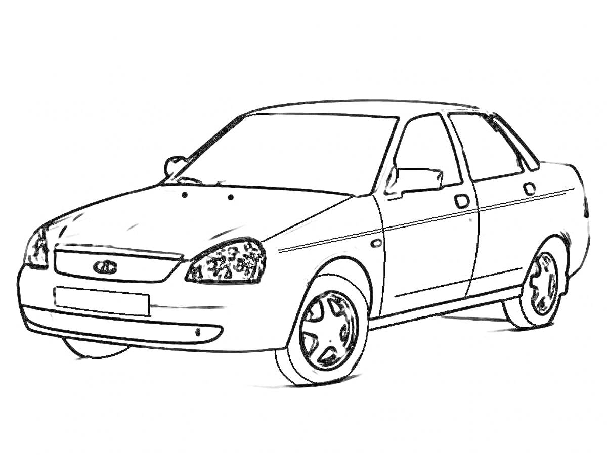 Черно-белое изображение автомобиля Лада Приора с акцентом на переднюю часть и боковой профиль, колесами, ручками дверей и фарами.
