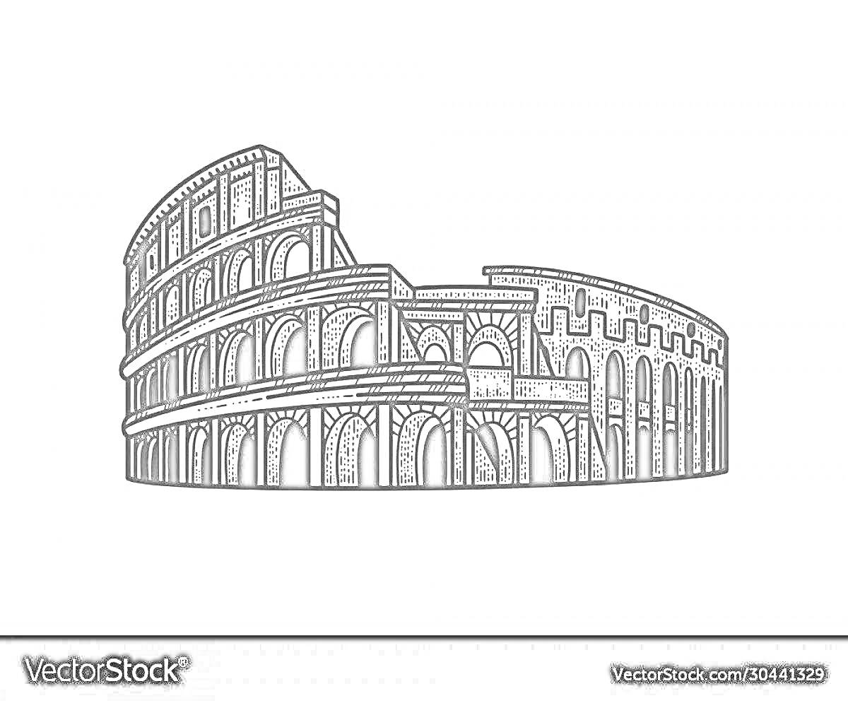 Раскраска Раскраска Колизея в Риме с изображением внешней части амфитеатра, арок и этажей.