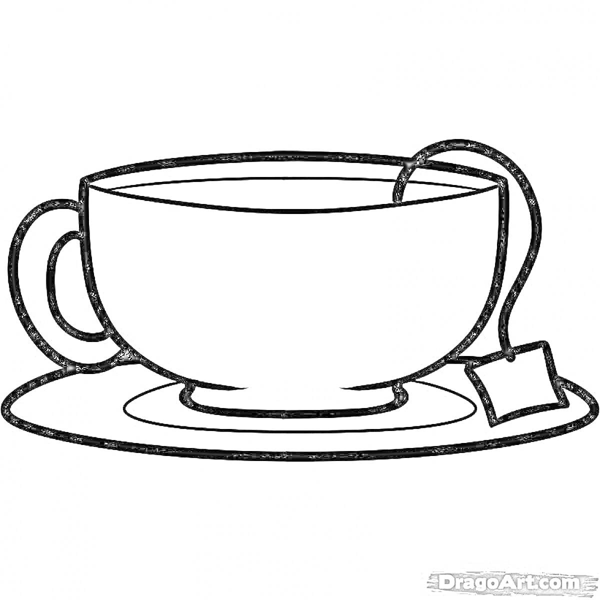 Раскраска Чашка с блюдцем и чайным пакетиком