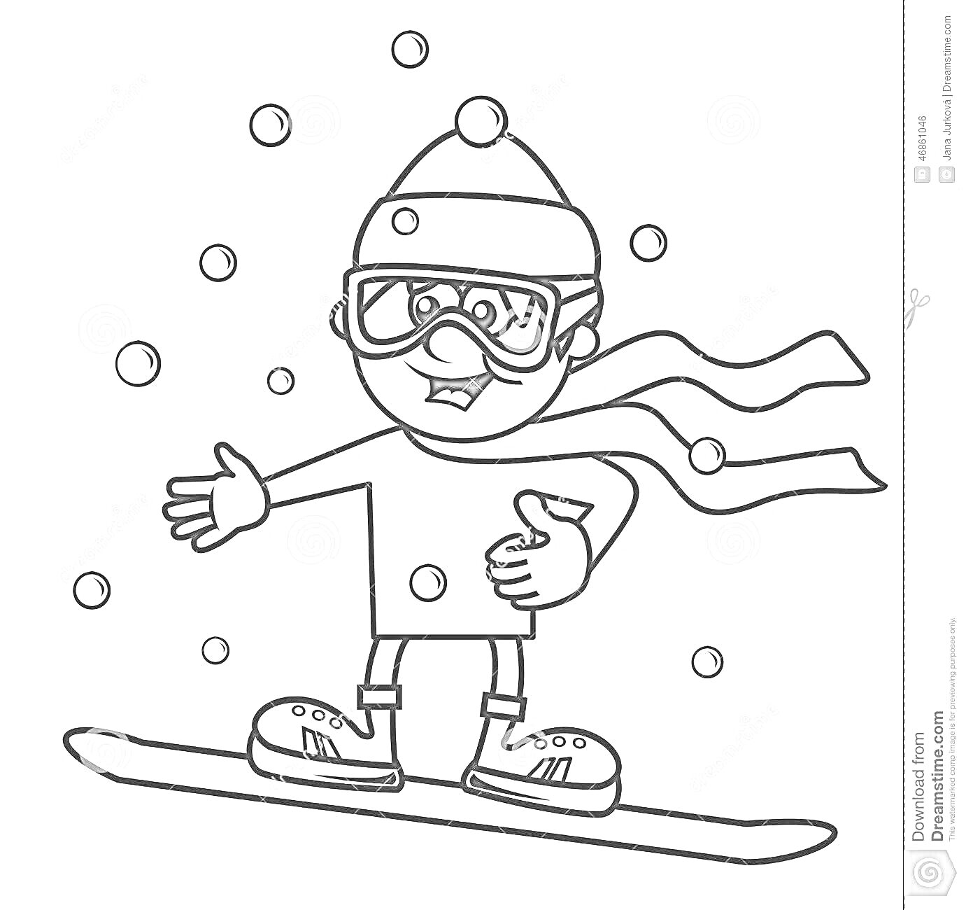 Раскраска Ребенок на сноуборде, в шапке, шарфе, очках и зимней одежде, снег вокруг