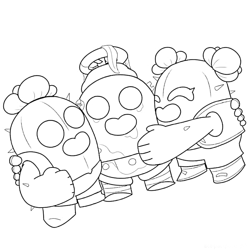 Раскраска Три персонажа в стиле кактусов в обнимку