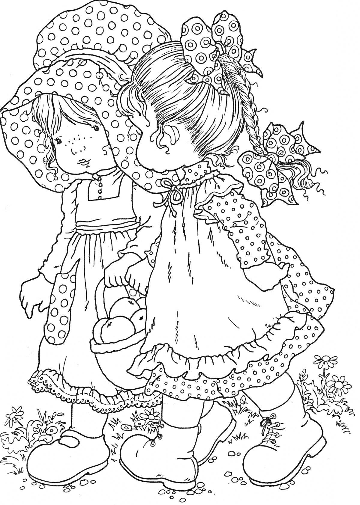 Раскраска Девочки в платьях и шляпах с корзинкой и цветами на земле