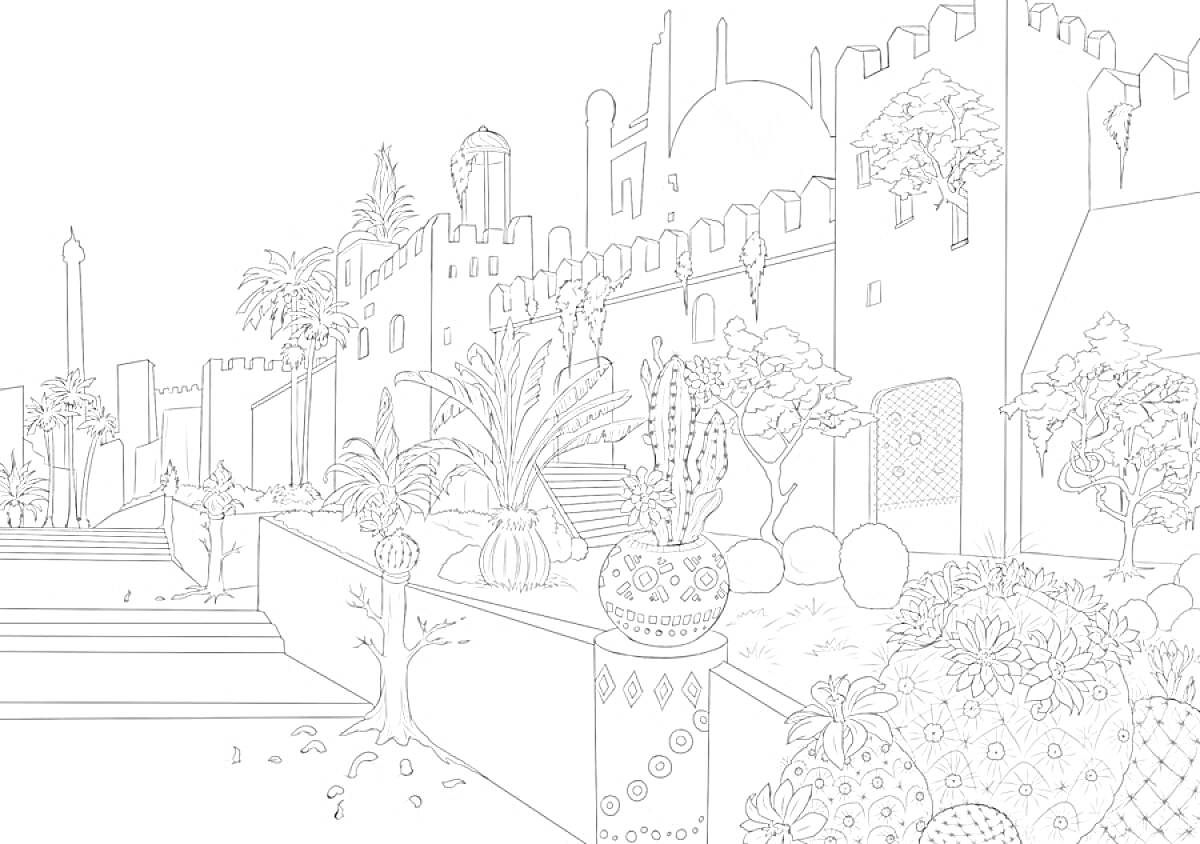 На раскраске изображено: Башни, Лестница, Растения, Горшки, Крепостная стена, Пейзаж