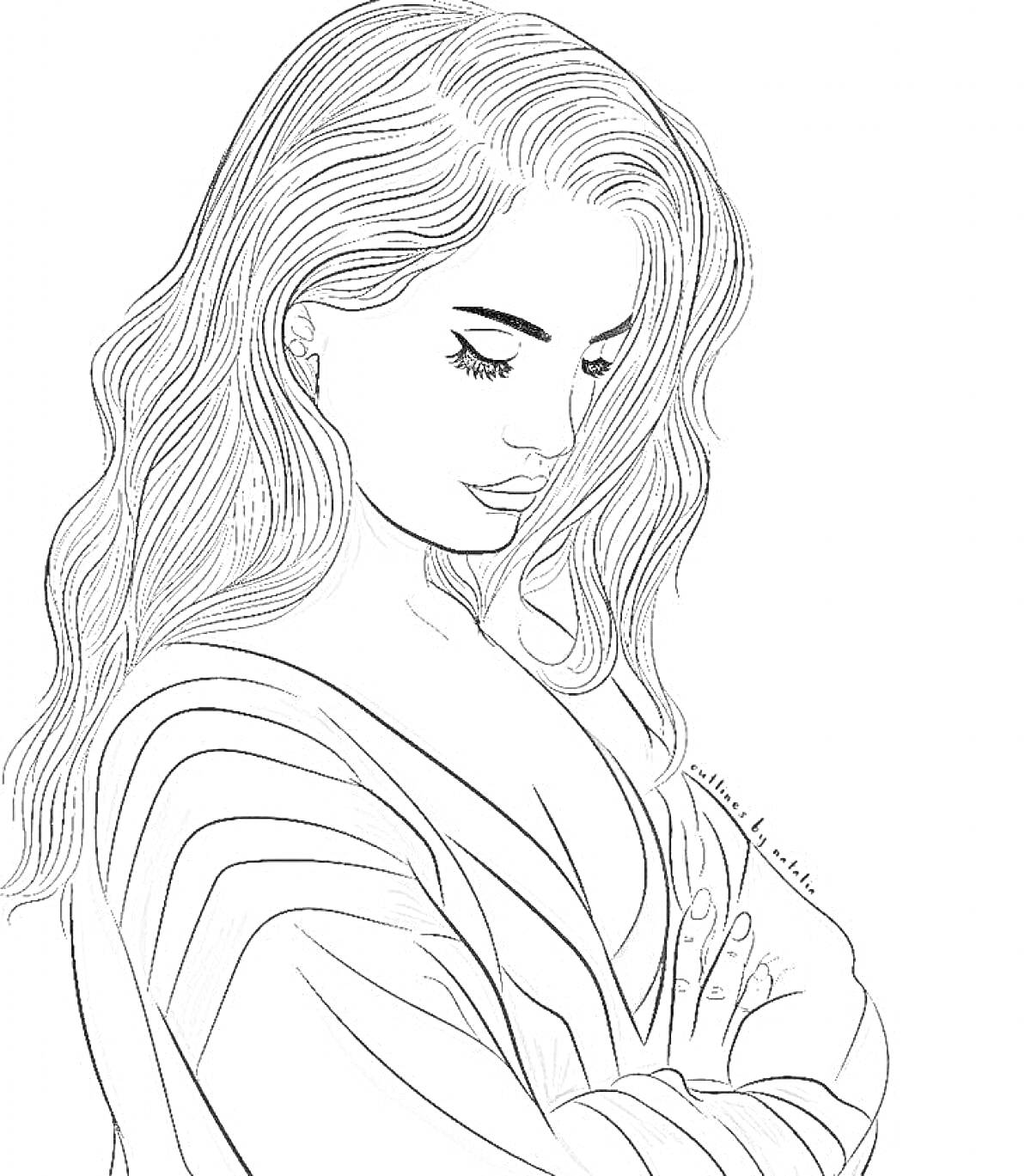 Раскраска Девушка с длинными волосами в распахнутой одежде, портрет