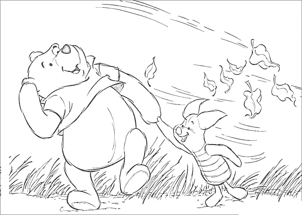 Раскраска Медвежонок и поросенок в ветреный день, трава, падающие листья