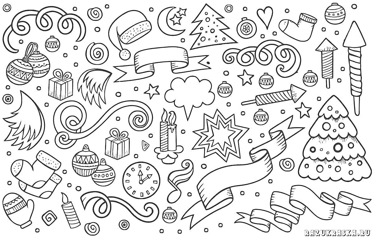Раскраска Новогодние наклейки с елками, шишками, звездами, шарами, часами, подарками, свечами, снежинками и новогодними колпаками