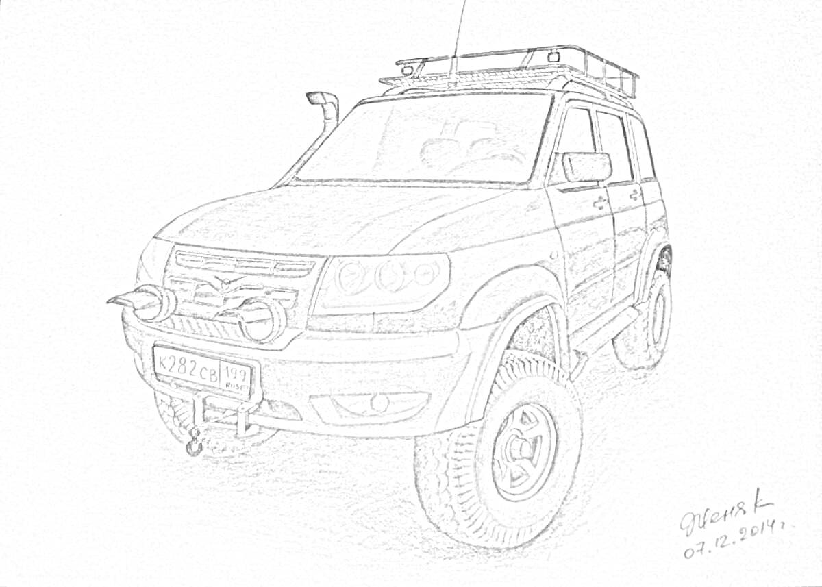 Раскраска УАЗ Патриот с лебедкой и багажником на крыше, рисунок карандашом