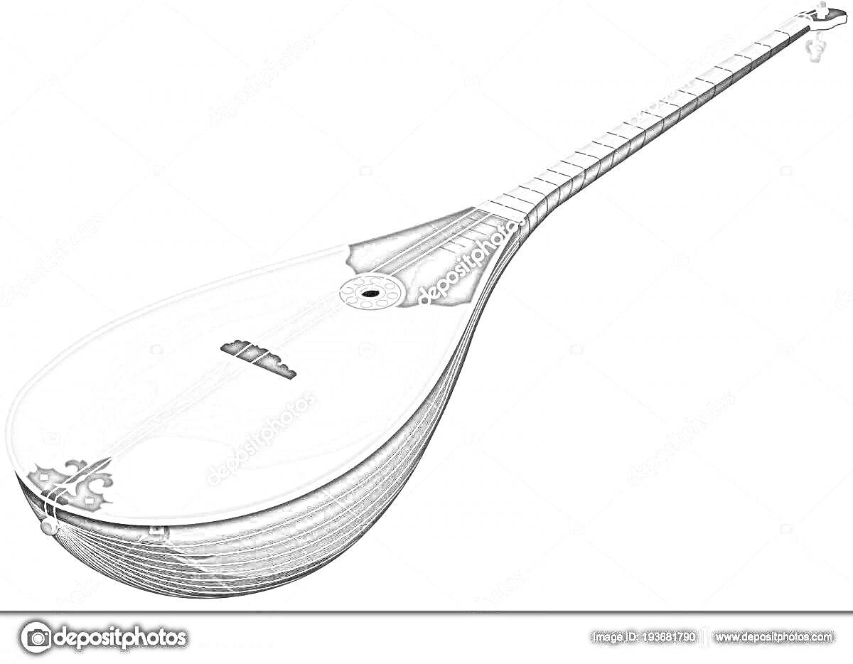 На раскраске изображено: Домбыра, Струны, Орнамент, Музыкальные инструменты