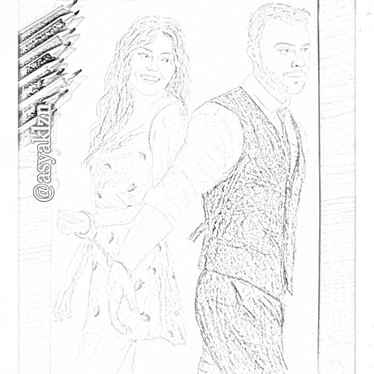 Раскраска Рисунок пары: девушка в платье и мужчина в костюме, они держатся за руки