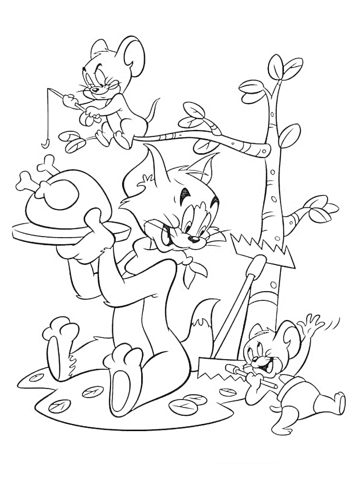 На раскраске изображено: Том и Джерри, Лес, Еда, Рыбалка, Для детей