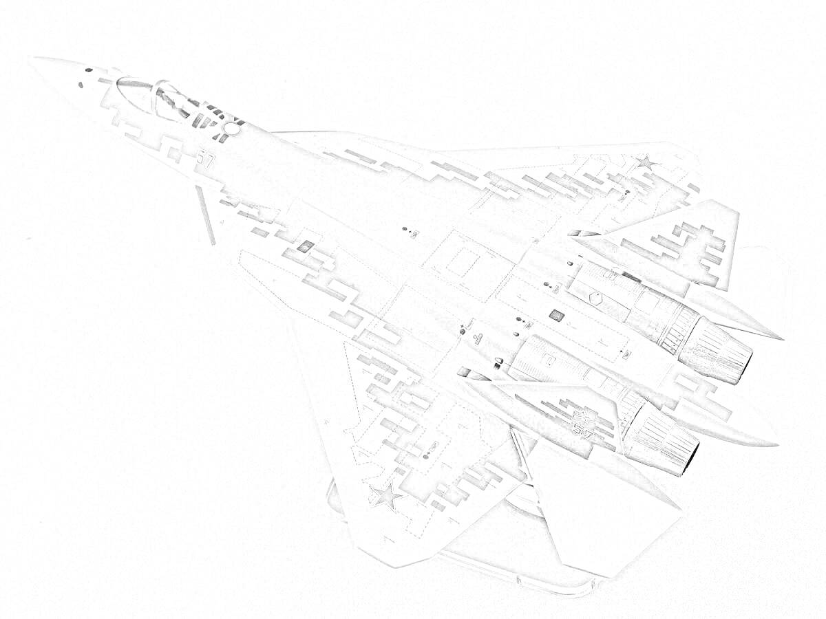 Раскраска Раскраска истребителя Су-57 с камуфляжной окраской и двумя двигателями