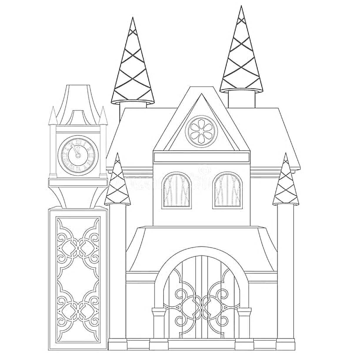 На раскраске изображено: Замок, Дворец, Часы, Шпили, Окна, Узоры, Подготовительная группа