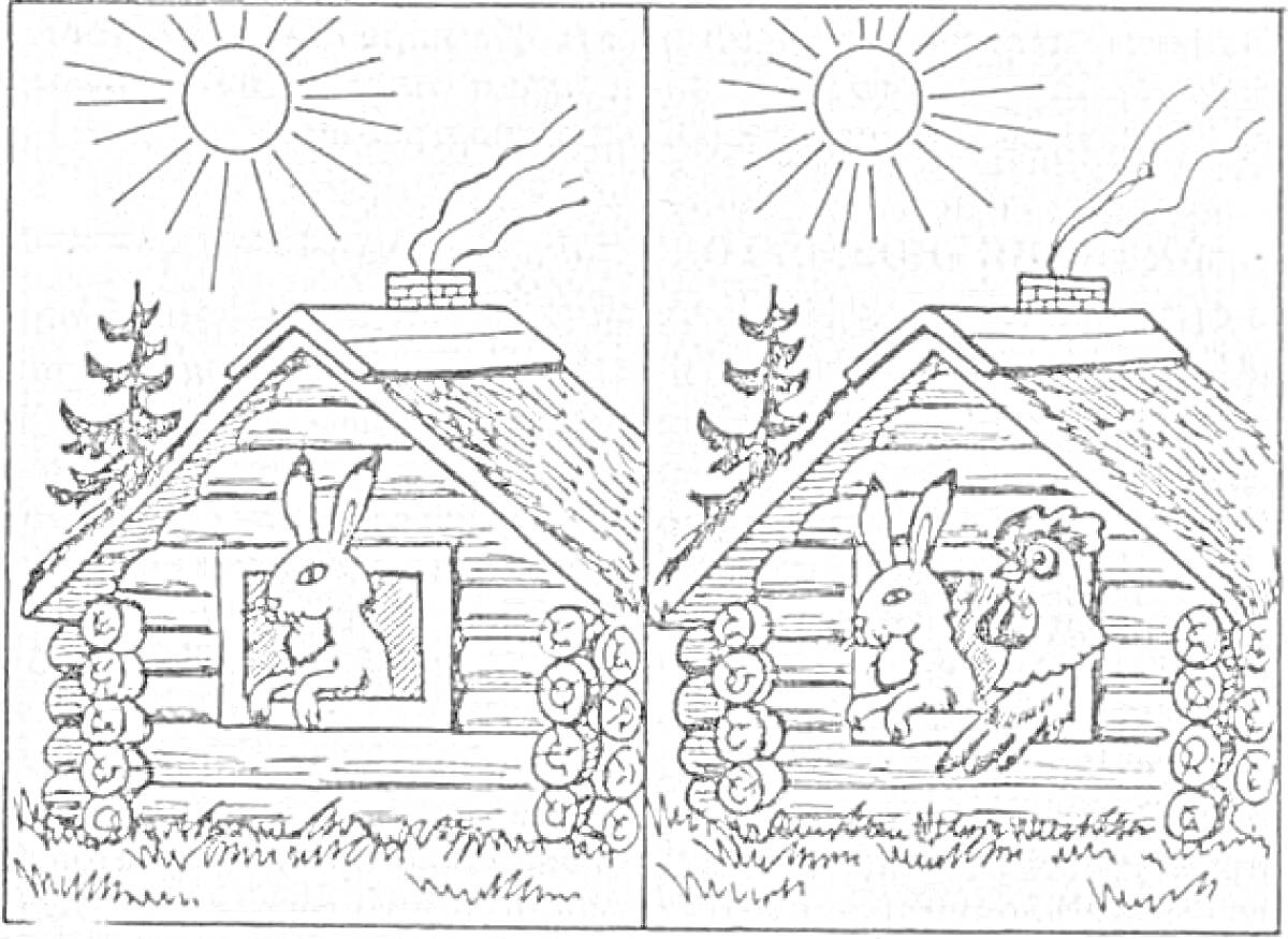 Раскраска Две избушки, солнечный день, заяц в окне одной избушки, заяц и петух в окне второй избушки, дым из труб, деревья на заднем плане