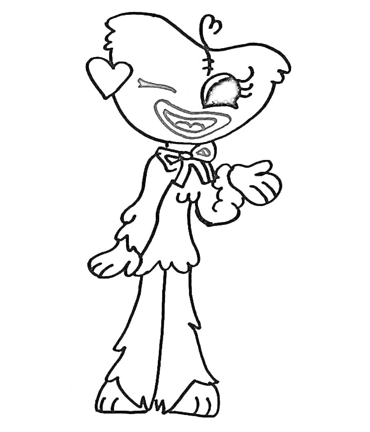 Раскраска Кисси Мисси с бантом и сердцем на голове, стоящая и машущая лапой