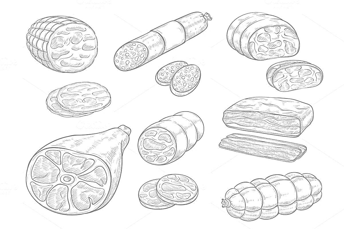 Раскраска Разнообразие колбасных изделий с нарезкой и цельными кусками